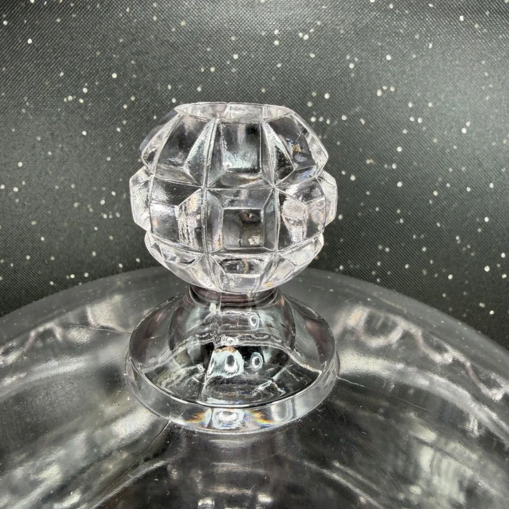 George Ripley Dakota Pattern Glass Pedestal Compote Lilac Tint Lid 11.5in Clear